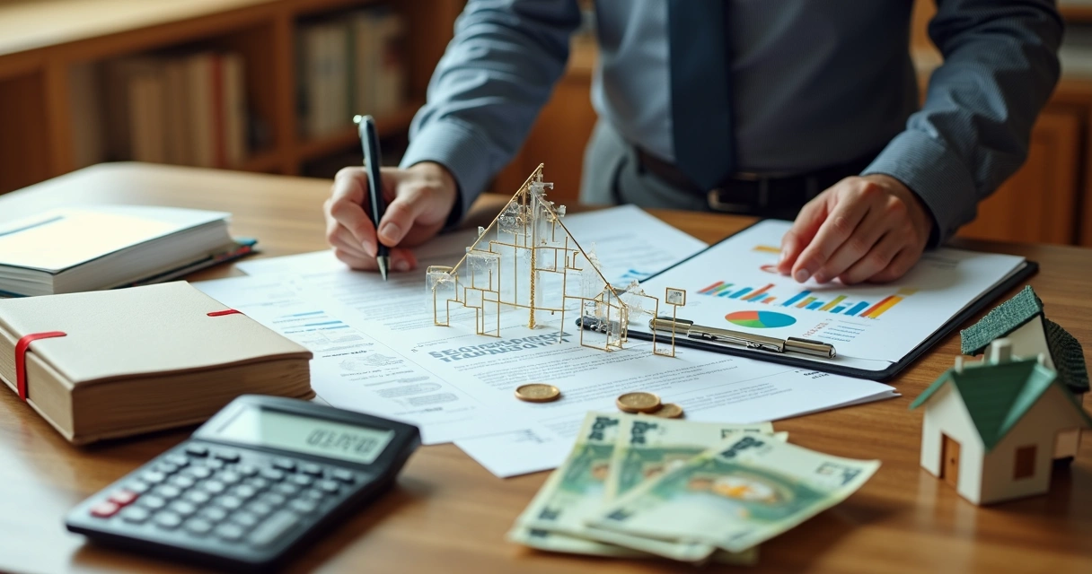 Planejamento de custos de holding familiar com mesa organizada, contratos e símbolos de dinheiro