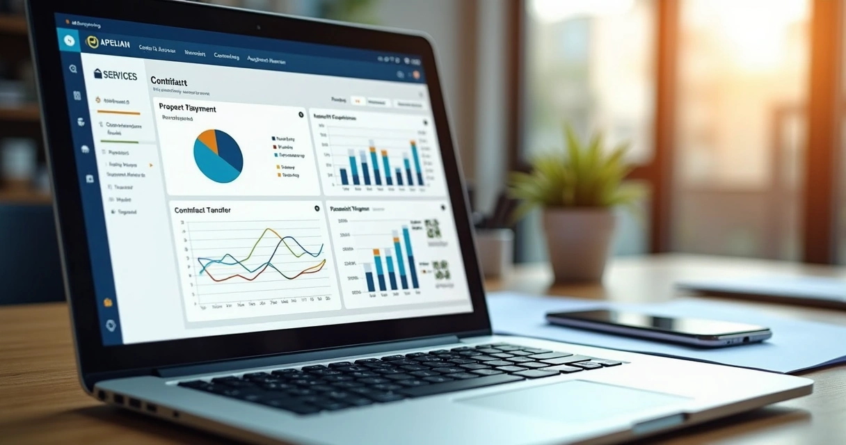 Dashboard de uma plataforma ERP de locação com gráficos e relatórios financeiros na tela de um notebook