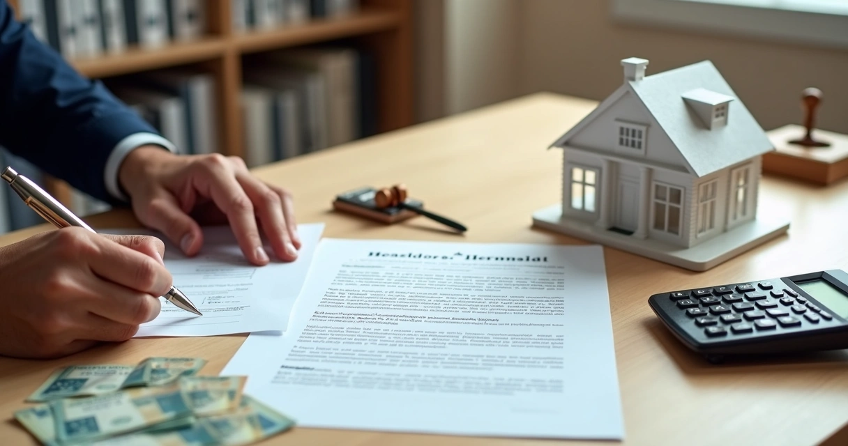 Mesa com contrato de doação de imóvel sendo assinado ao lado de miniatura de casa e calculadora