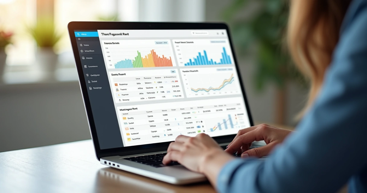 Gestão digital de aluguel, pessoa usando plataforma online no notebook, gráficos e notificações ao fundo