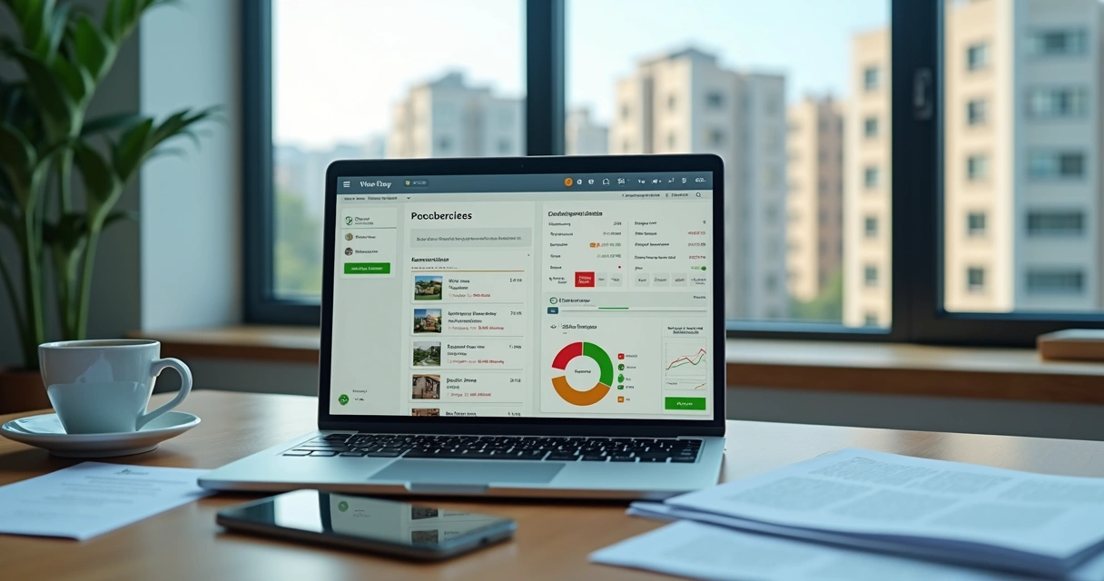 Gestor imobiliário usando sistema de gerenciamento de imóveis em dashboard moderno