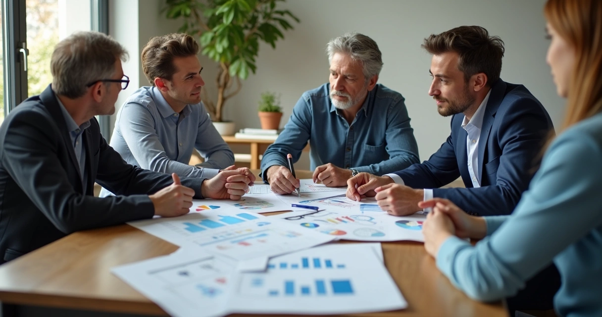 Grupo de proprietários analisando relatório financeiro imobiliário juntos, mesa com notebooks e gráficos