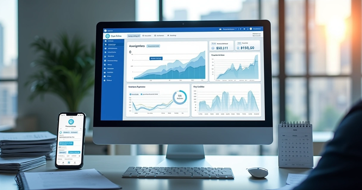 Computador com tela mostrando sistema de gestão imobiliária automatizada com gráficos, boletas digitais e contratos eletrônicos