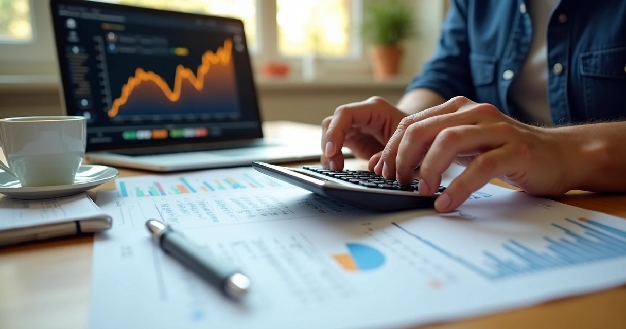 Pessoa calculando reajuste de aluguel com calculadora e gráficos financeiros em mesa organizada