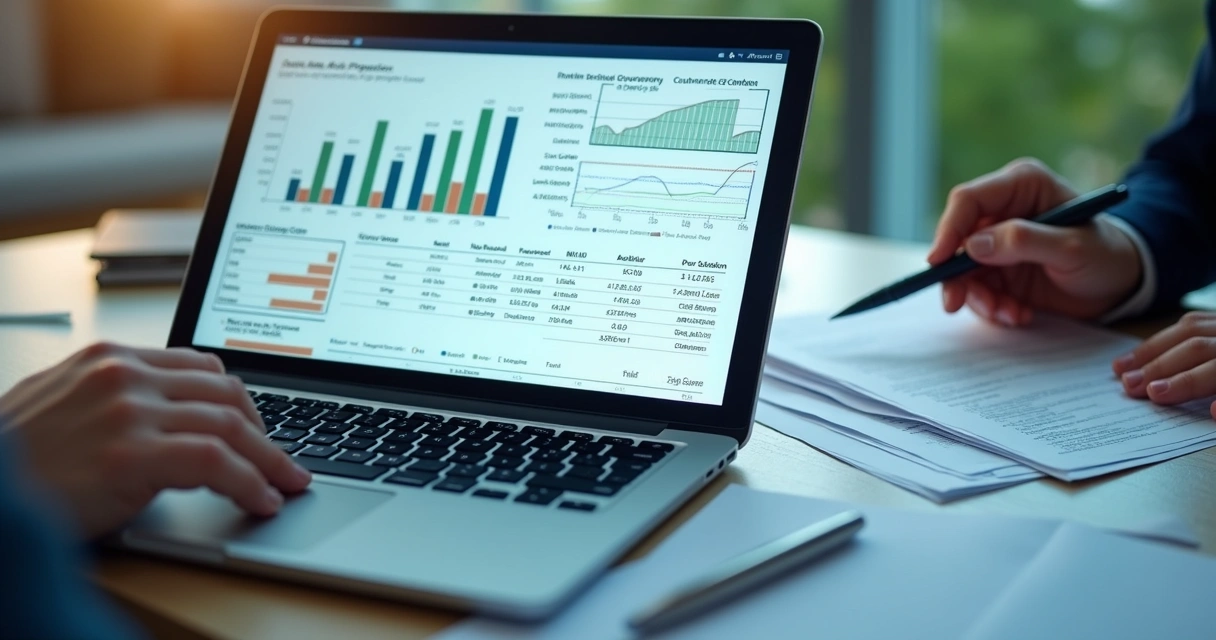 Relatório de aluguel detalhado na tela de notebook, pilha de contratos digitais ao lado