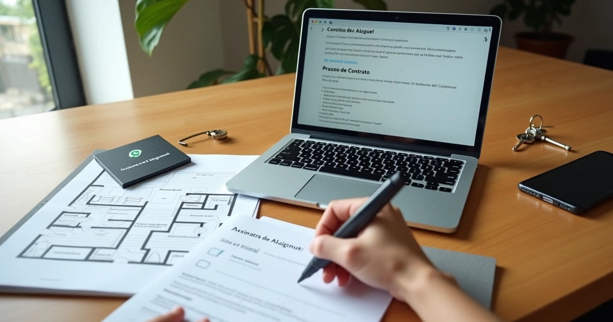 Pessoa preenchendo contrato de aluguel em notebook com planta de apartamento ao lado