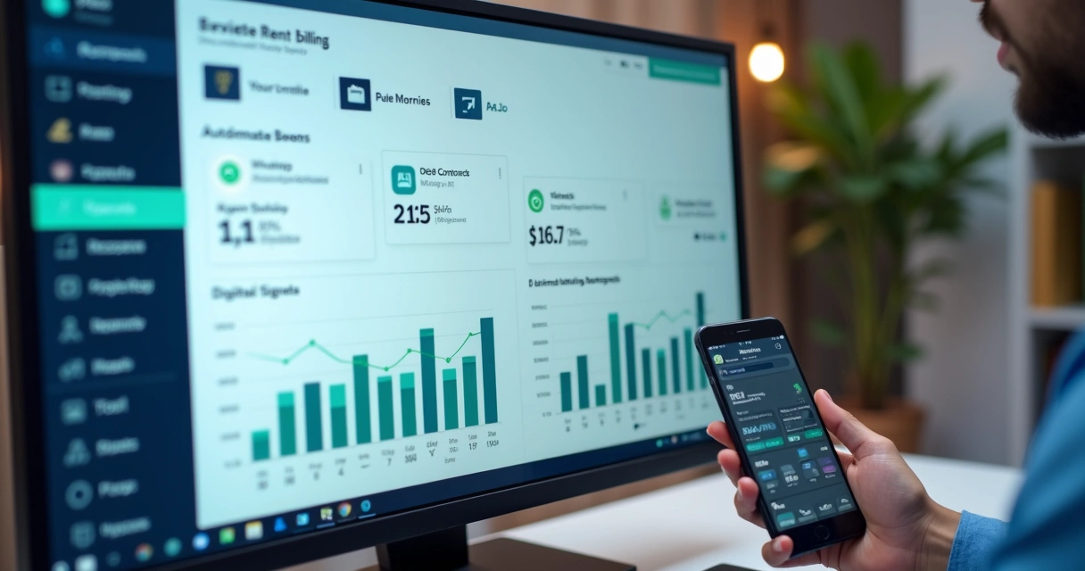 Painel de sistema de locação mostrando dashboard, boletos pagos e contratos digitais