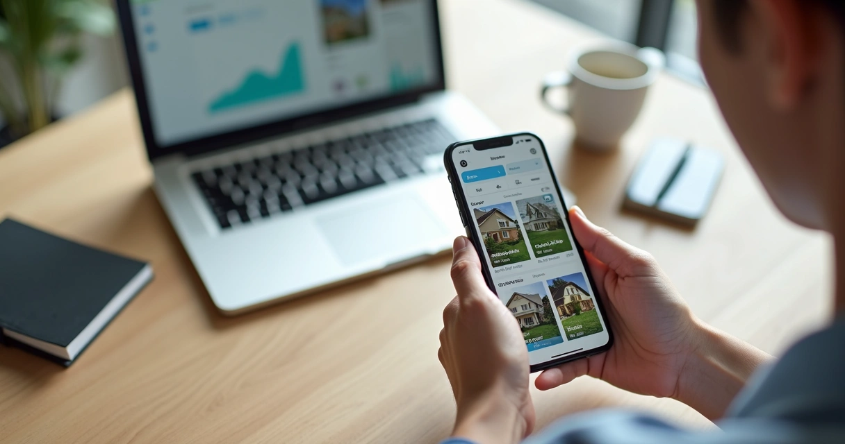 Pessoa usando app de casas para alugar no celular com anúncios de imóveis na tela