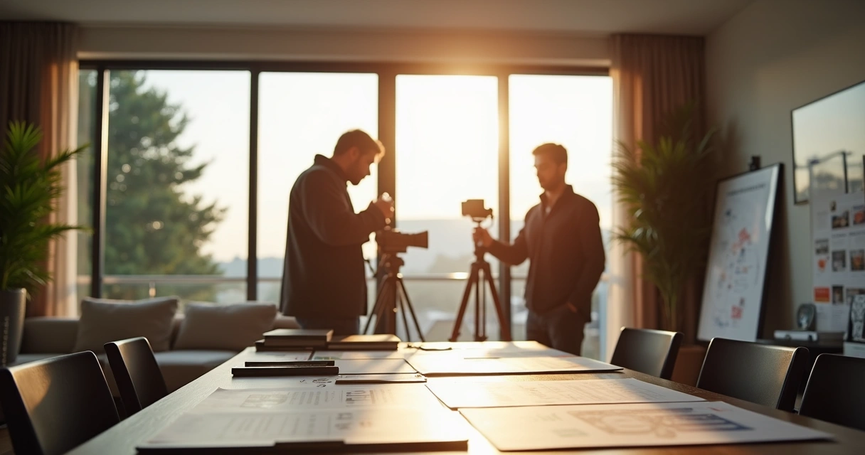 Equipe tirando fotos profissionais de um imóvel para divulgação 