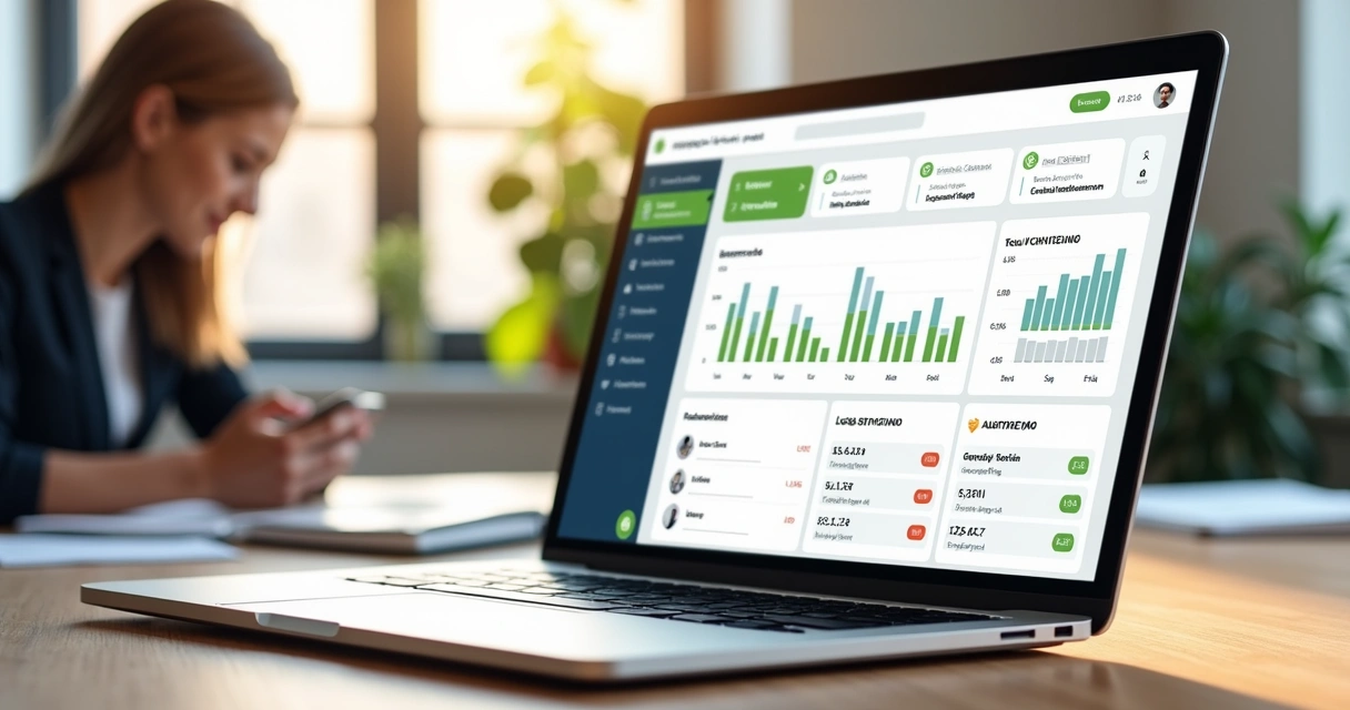 Painel digital de gestão de aluguéis com imóveis e gráficos em tela de notebook
