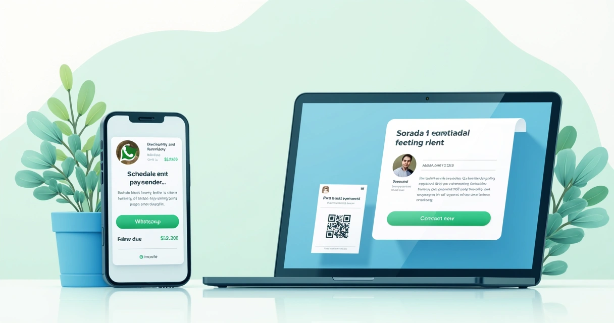 Exemplo de telas de WhatsApp e e-mail lado a lado, exibindo mensagens de cobrança de aluguel programadas 