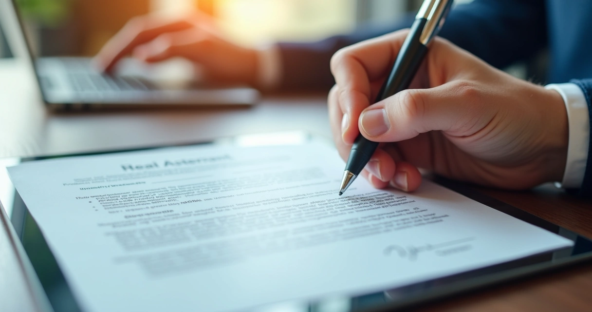 Assinatura eletrônica em contrato imobiliário digital na tela de um tablet