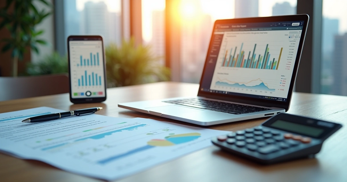Mesa de escritório com calculadora, contrato de aluguel, laptop aberto e gráficos de mercado imobiliário