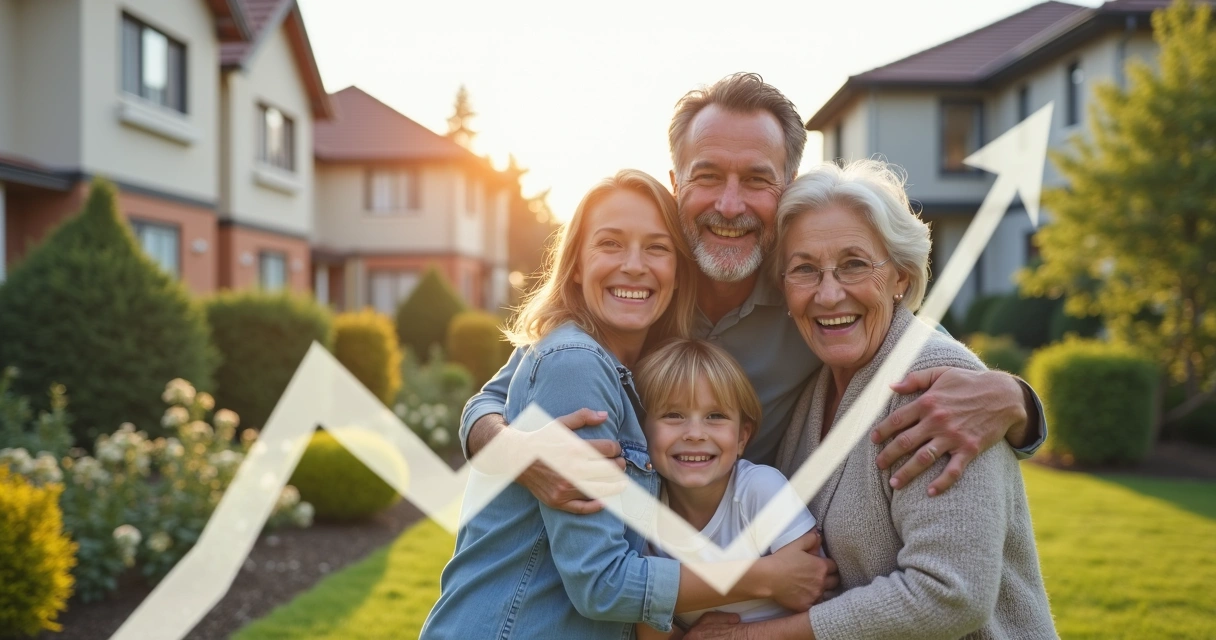 Família sorrindo ao ar livre com fundos mostrando casas e gráfico de crescimento