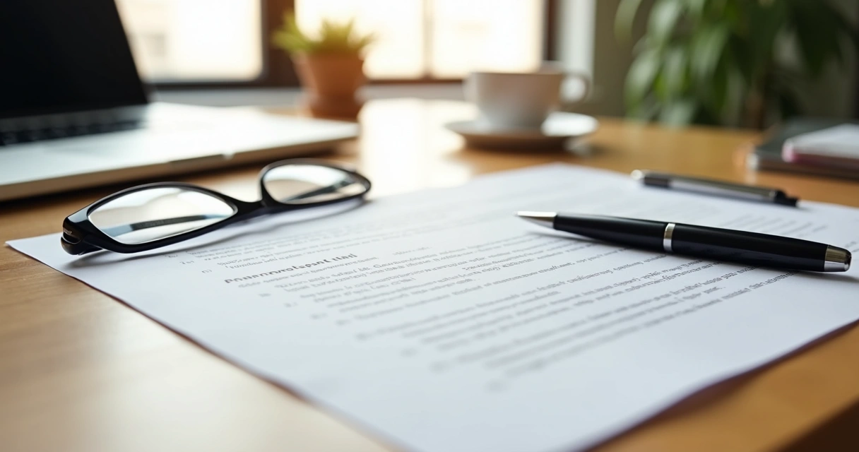 Contrato de locação simples assinado em escritório com caneta e óculos sobre a mesa de madeira