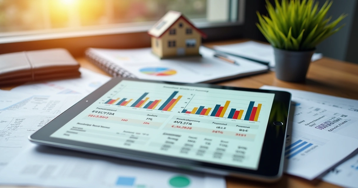 Tela com relatório financeiro de imóveis e gráficos coloridos