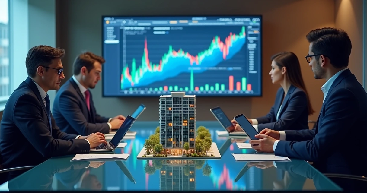 Mesa de conferência com executivos analisando indicadores, gráficos e maquete de prédio