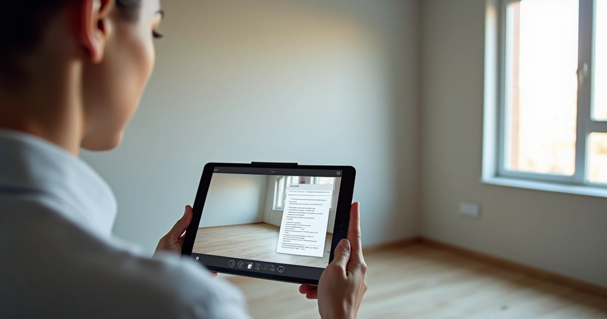 Pessoa utilizando aplicativo de vistoria digital em imóvel