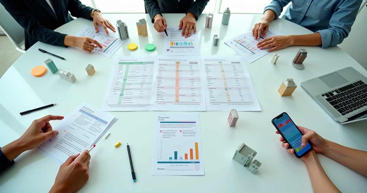 Mesa de reunião vista de cima com fichas coloridas comparando softwares de gestão de imóveis ao lado de miniaturas de prédios