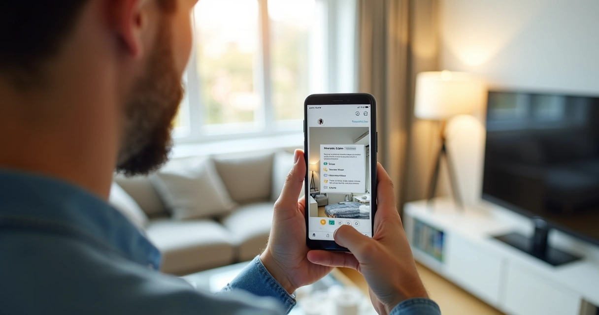 Pessoa usando celular para vistoria digital em apartamento iluminado, tela exibindo checklist de itens avaliados