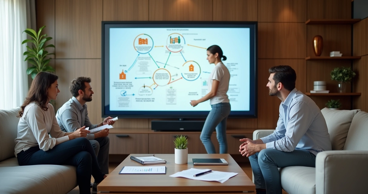 Pais e filhos analisando juntos um quadro de organização e sucessão de imóveis