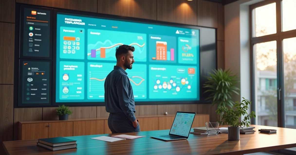 Gestor imobiliário analisando painel digital de aluguéis em escritório moderno