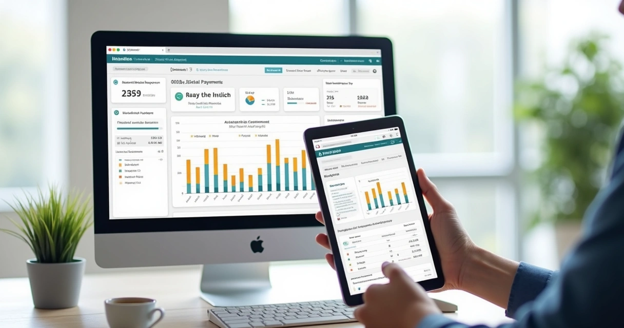 Painel de controle de sistema de gestão de imóveis com gráficos e notificações