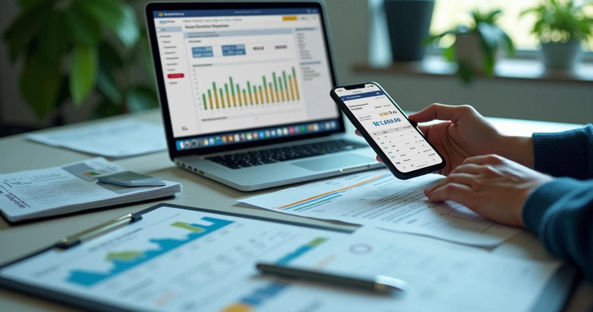 Gestão digital de aluguel com computador aberto, planilhas e recibos digitais ao redor.