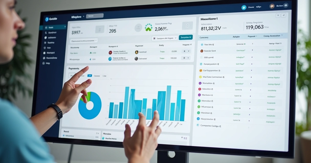 Painel de controle digital com gráficos e documentos de contratos imobiliários