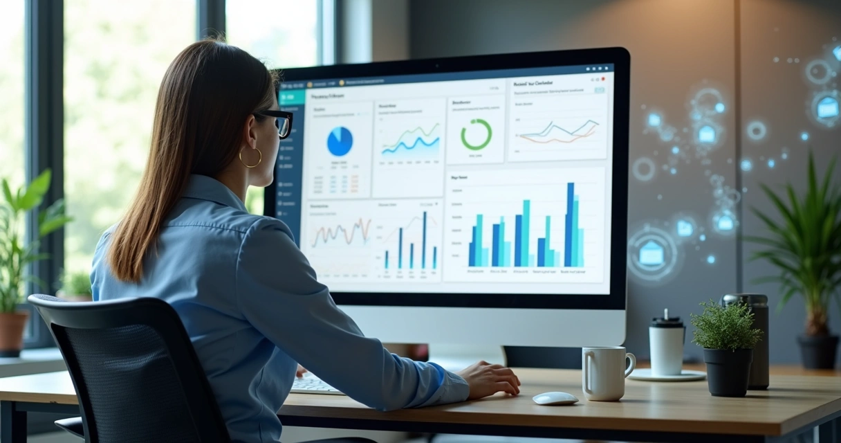 Pessoa usando plataforma digital de gestão imobiliária com gráficos e agenda digital visíveis na tela