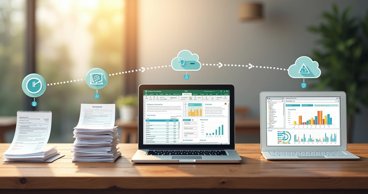 Linha do tempo mostrando evolução de controle de aluguel do papel até SaaS numa mesa, de arquivos físicos para notebook com gráficos