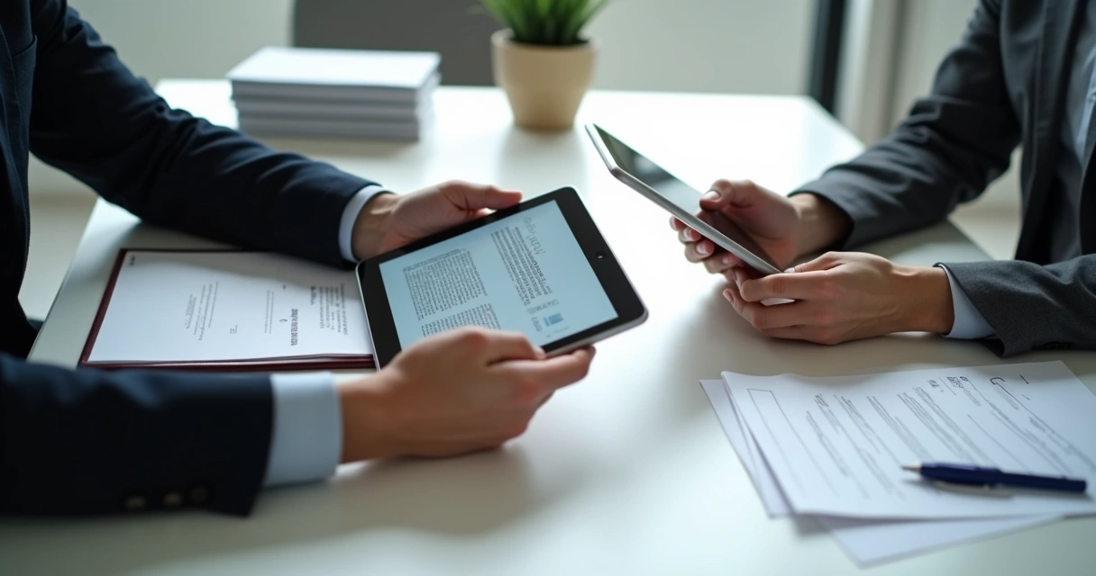 Duas pessoas assinando contrato digital em tablet ao lado de pilha de papéis em mesa de escritório