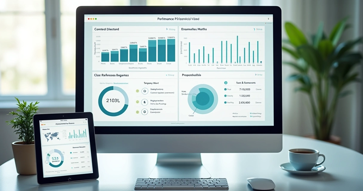 Painel digital de gestão de locação com gráficos de desempenho e emissão automática de boletos