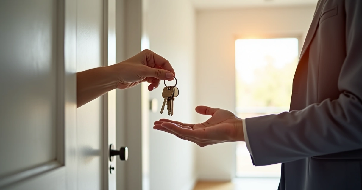 Chaveiro entregando chave ao proprietário de imóvel ao lado de uma porta.