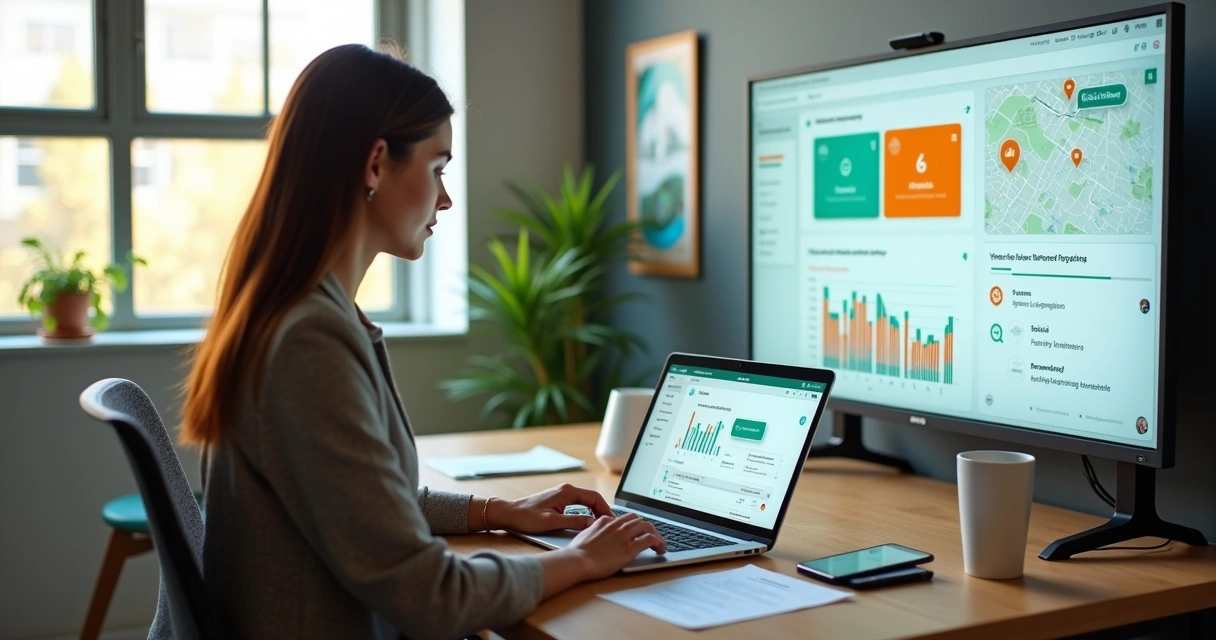 Corretora analisando painel de sistema de locação imobiliária em notebook