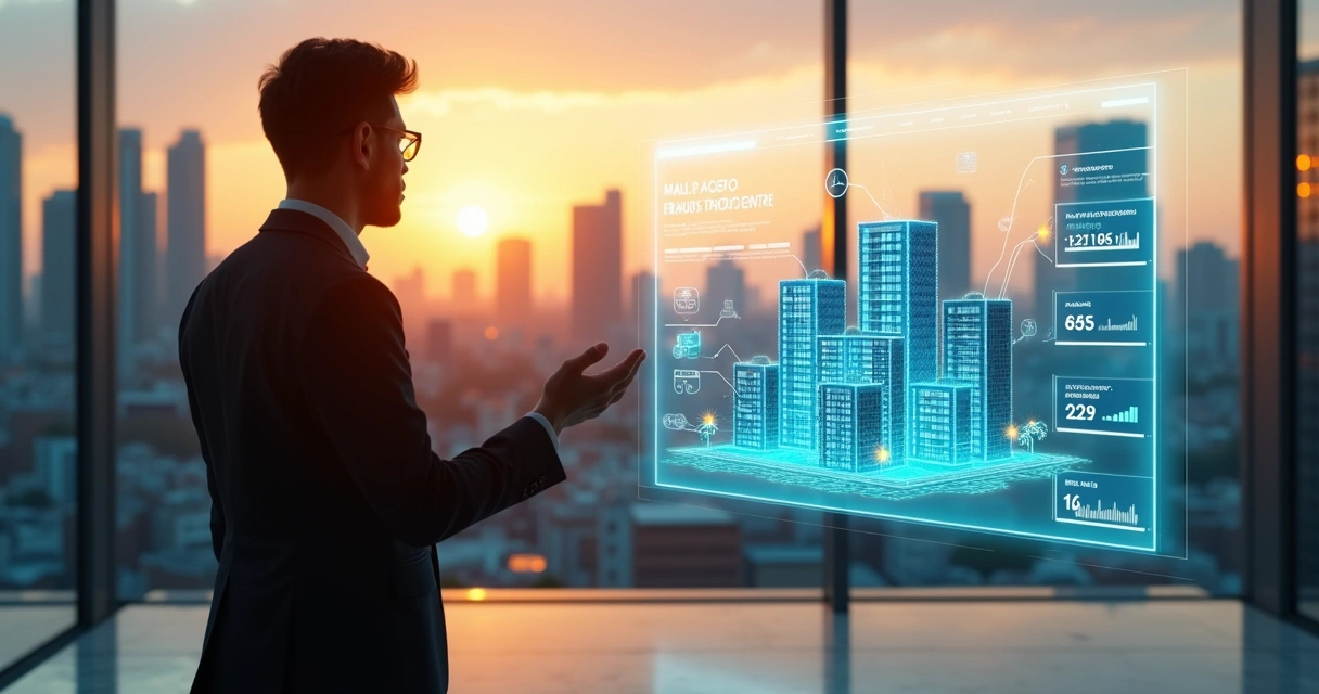 Gestor acompanha painel digital 3D com imóveis e dados de aluguel