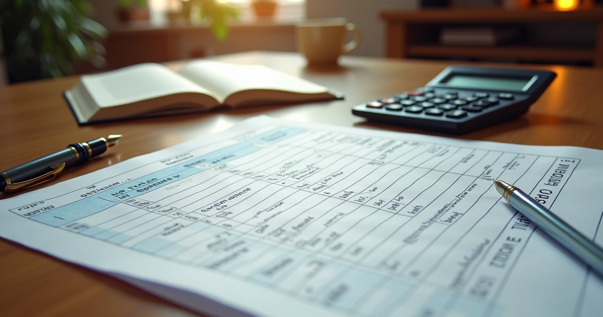 Planilha de controle de aluguel e impostos ao lado de caderno de anotações e calculadora 
