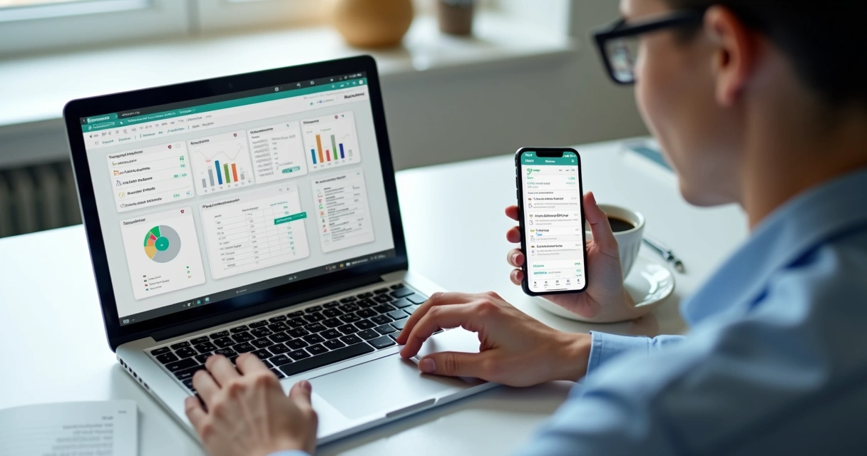Tela de gestão de aluguel automatizada em notebook e celular
