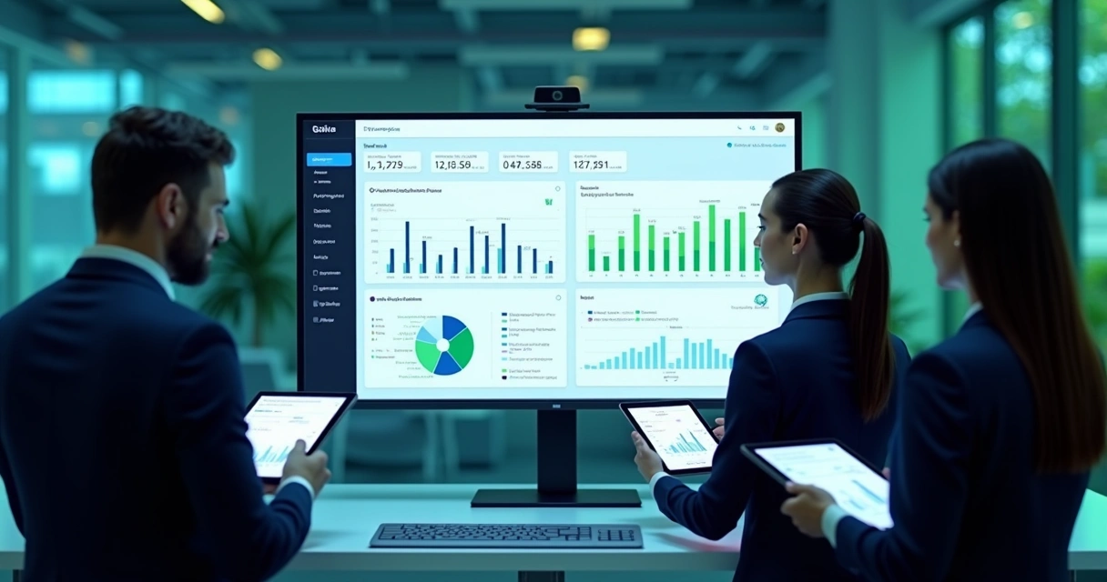 Tela de dashboard de plataforma de gestão de loteamentos mostrando gráficos e relatórios financeiros