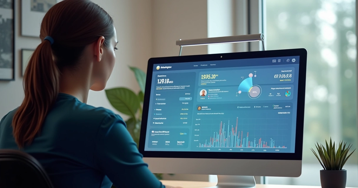 Interface de uma plataforma SaaS de gestão imobiliária, com gráficos e notificações na tela 
