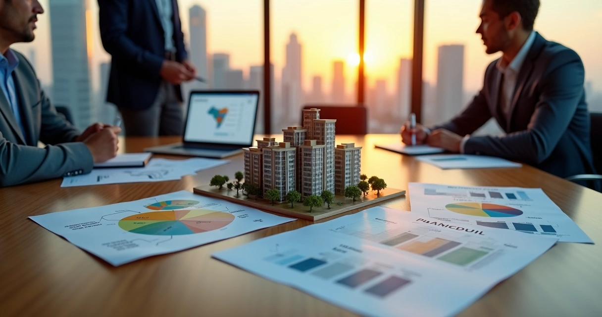 Gestor analisando gráfico tributário diante de maquete de prédios corporativos