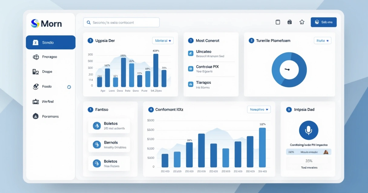 Dashboard ilustrativa de sistema de gestão imobiliária com gráficos e integrações