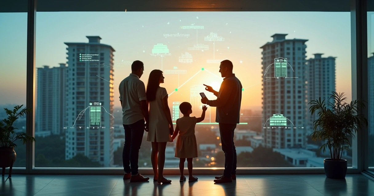 Família observa painel digital com prédios e gráficos de tributos