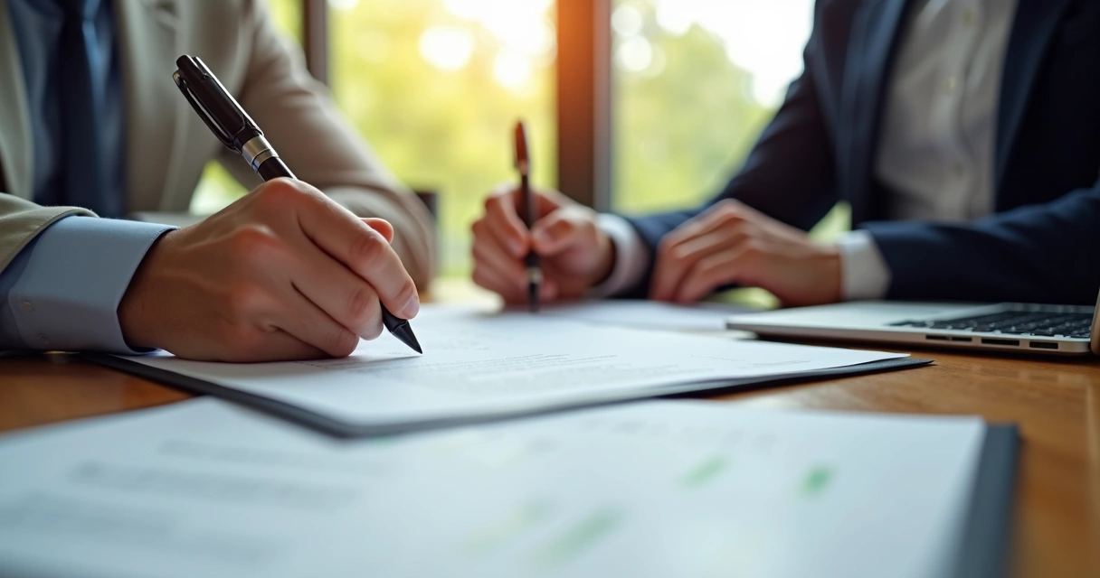 Contrato de locação comercial sendo assinado em escritório moderno com pessoas discutindo detalhes