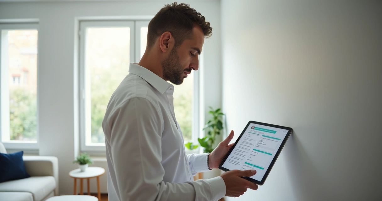 Profissional realizando vistoria detalhada em imóvel com tablet digital em mãos, ambiente interno claro com paredes brancas, móveis simples e janelas amplas