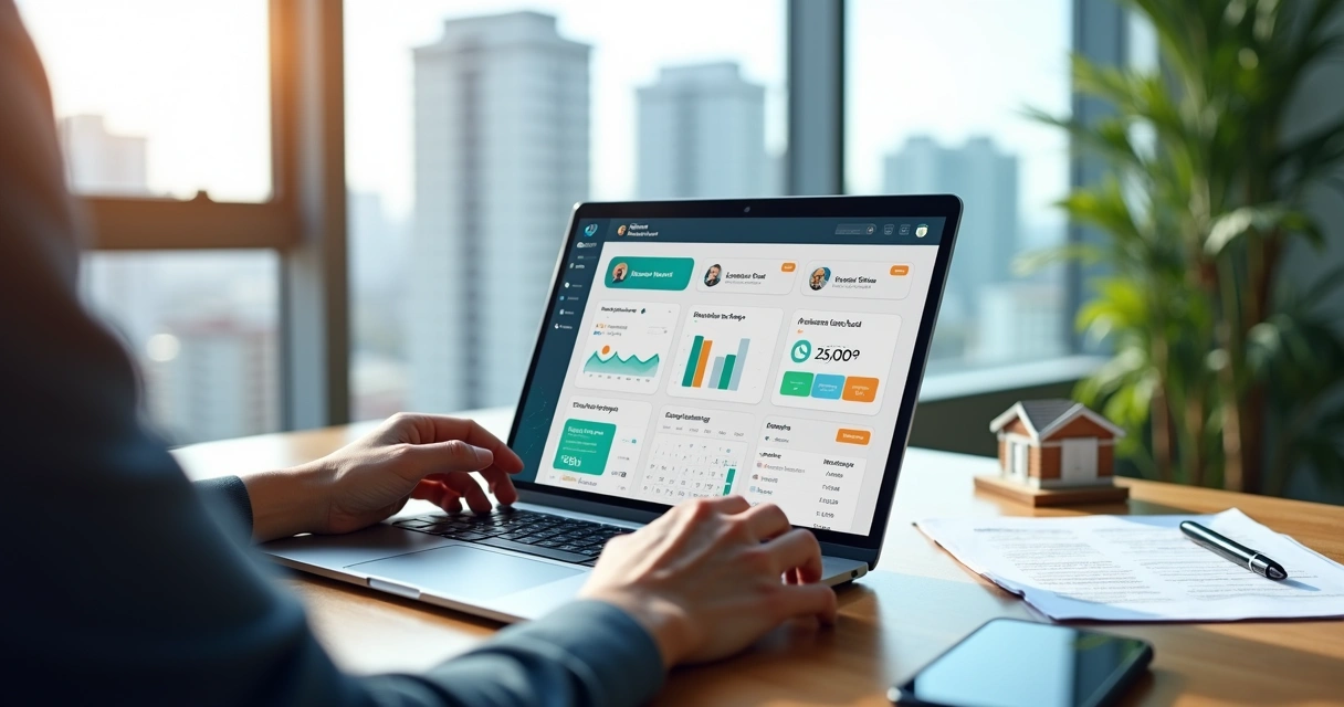 Dashboard de plataforma SaaS de gestão de aluguéis em laptop com gráficos e imóveis em destaque