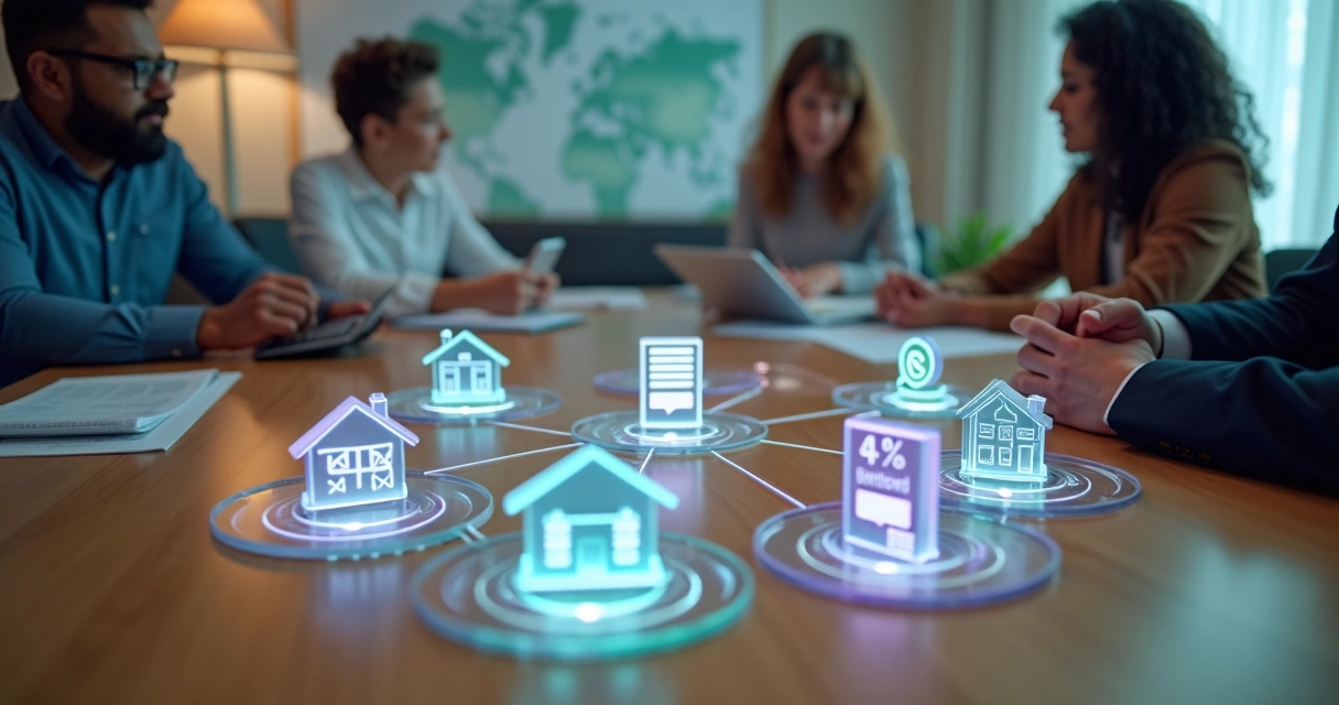 Equipe imobiliária reunida em mesa redonda com representações visuais de imóveis e tecnologia
