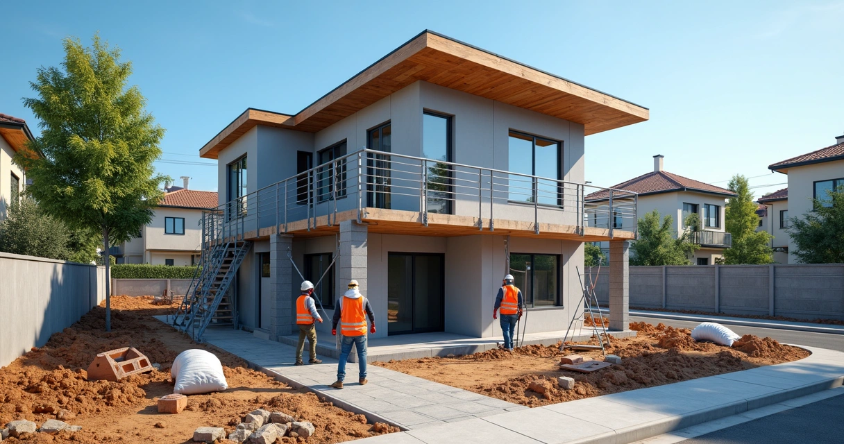 Kitnet em construção com trabalhadores na obra, terreno urbano e estrutura moderna