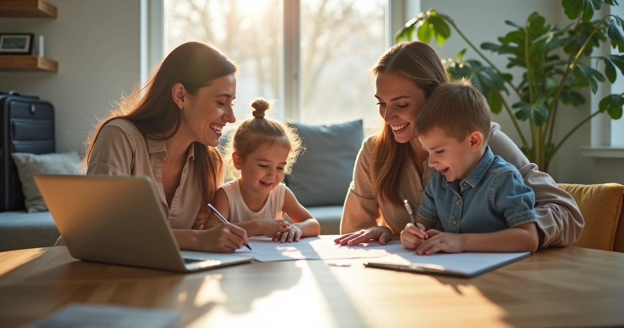 Família assinando contrato em mesa de sala