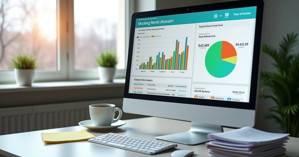 Painel financeiro de um software de gestão de aluguéis mostrando relatórios e gráficos 